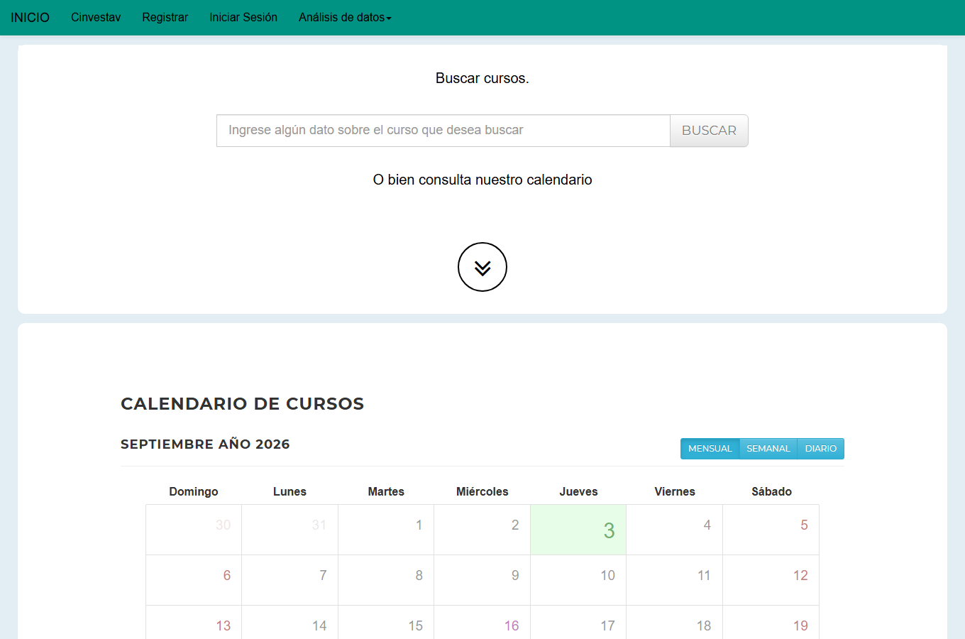 Pantalla de inicio con buscador y calendario de cursos