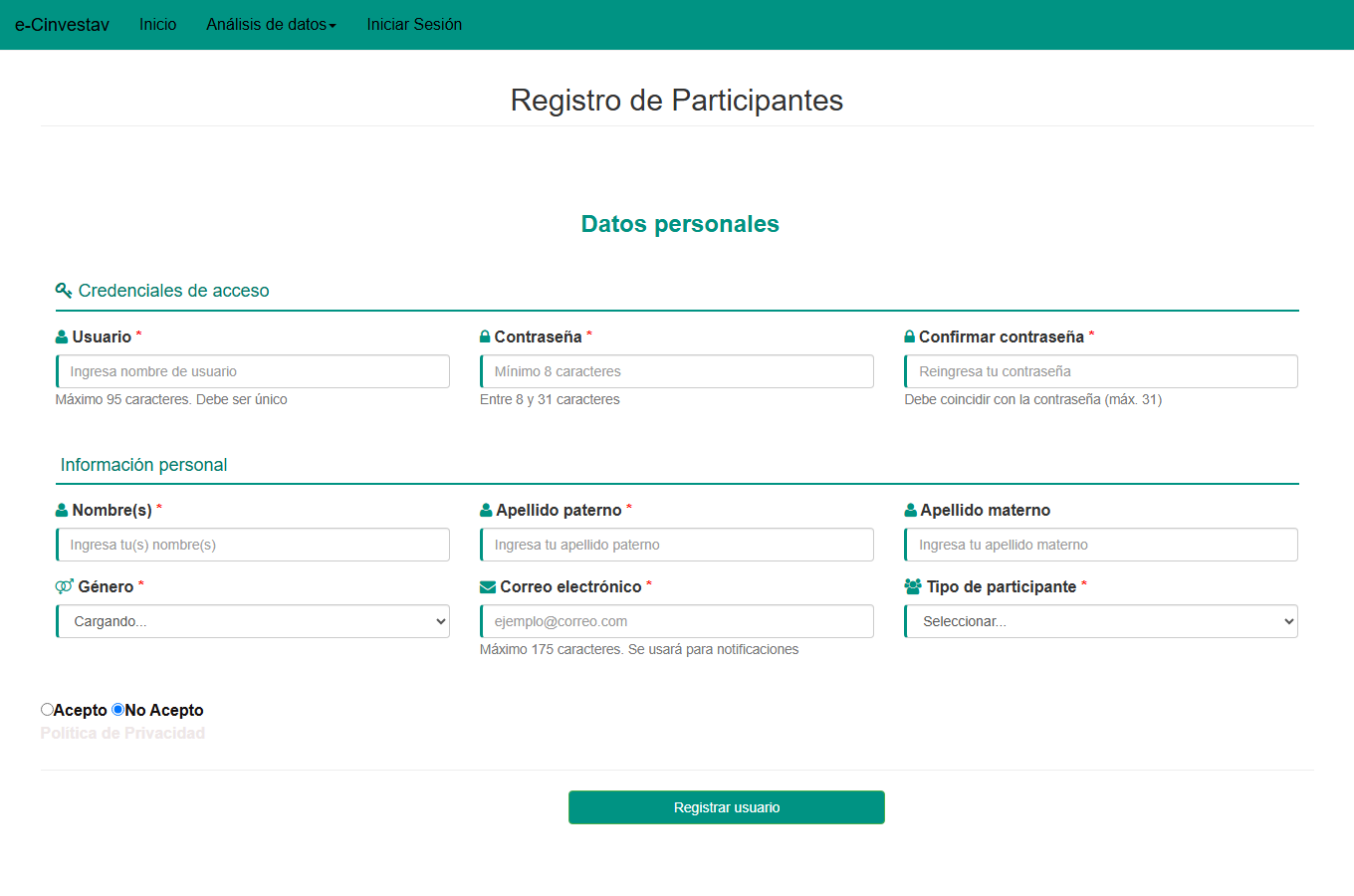 Formulario de registro de participantes