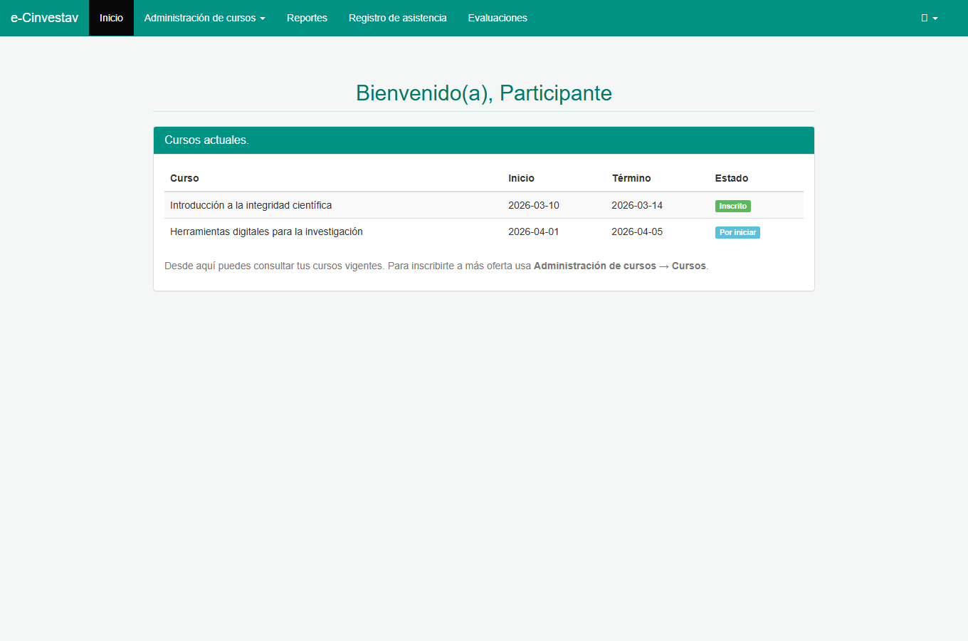 Inicio del perfil con cursos actuales